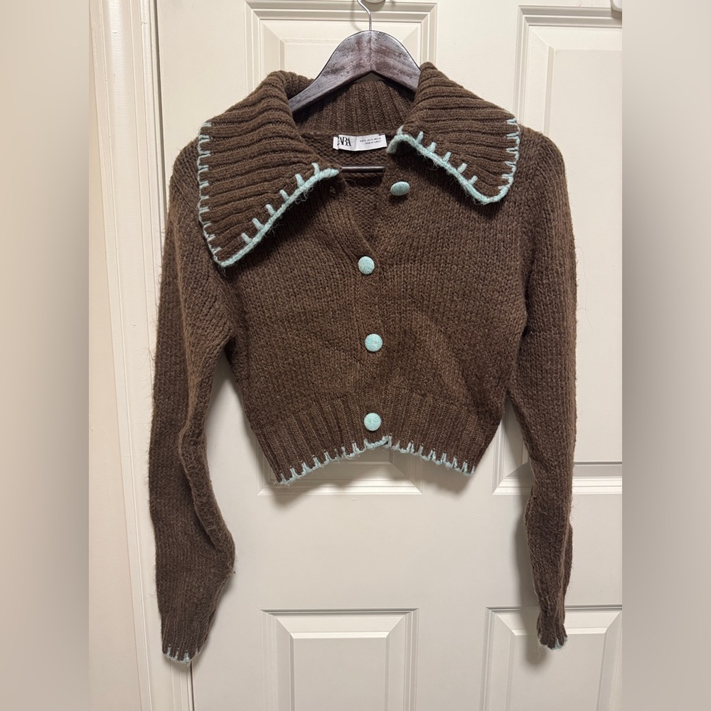 Zara Brown Knit Cardigan with Light Green Details